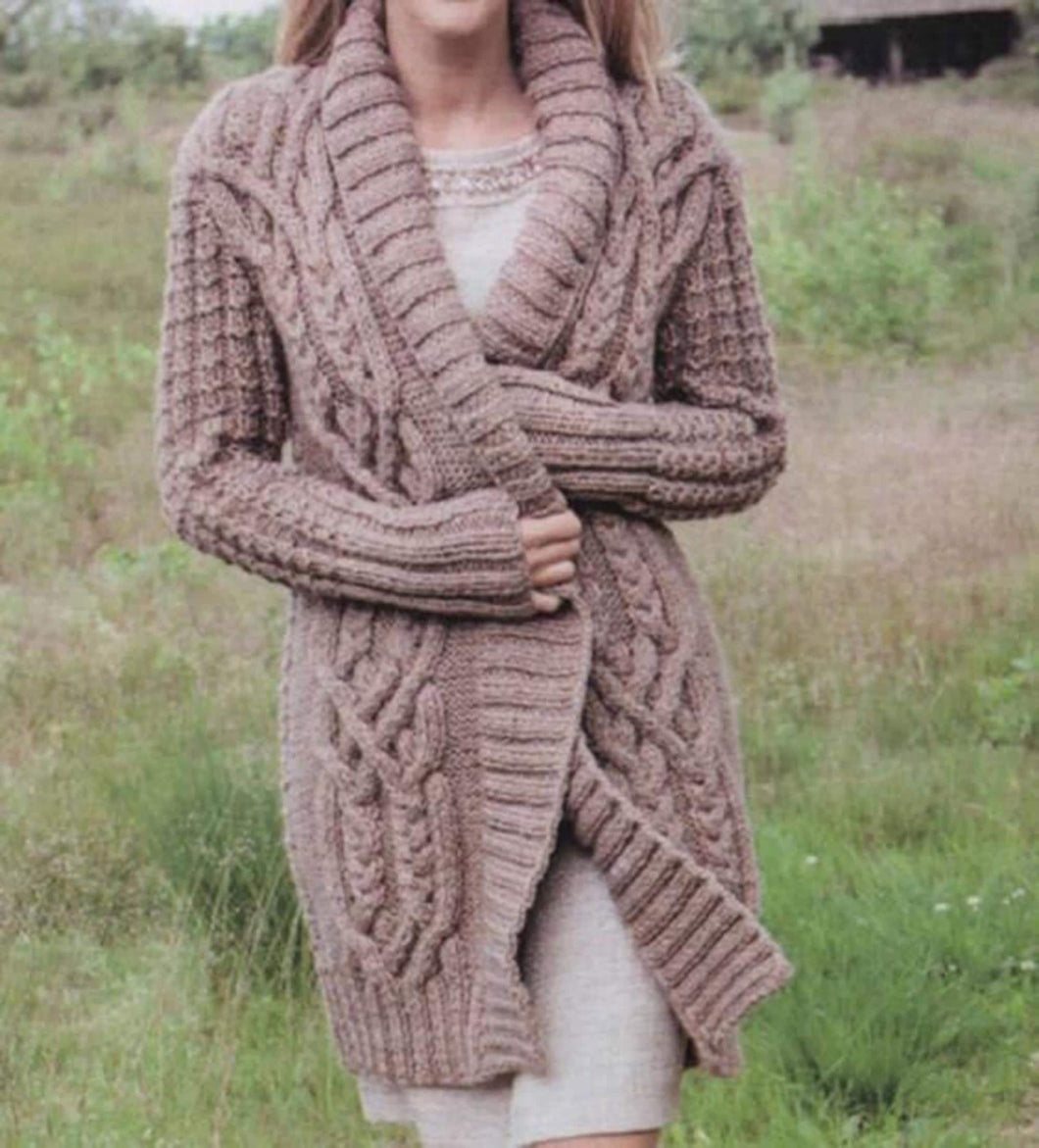 Womens Aran Style Cable Rib Cardigan Coat Jacket Shawl Collar Textured S - M Chunky Bulky 12 Ply Knitting Pattern Instant PDF Download