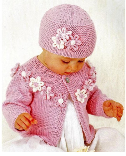 Baby-Toddler flower embellished cardigan knitting pattern -Hat  DK & 8 Ply Light worsted wool. PDF instant digital download  (16