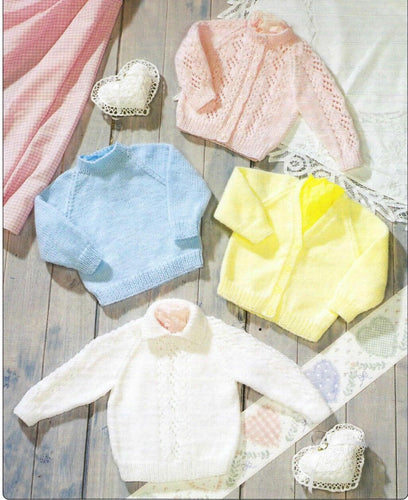 Baby Cardigans & Raglan sweaters- 2 styles each in DK 8 Ply Light worsted  wool 14 - 22