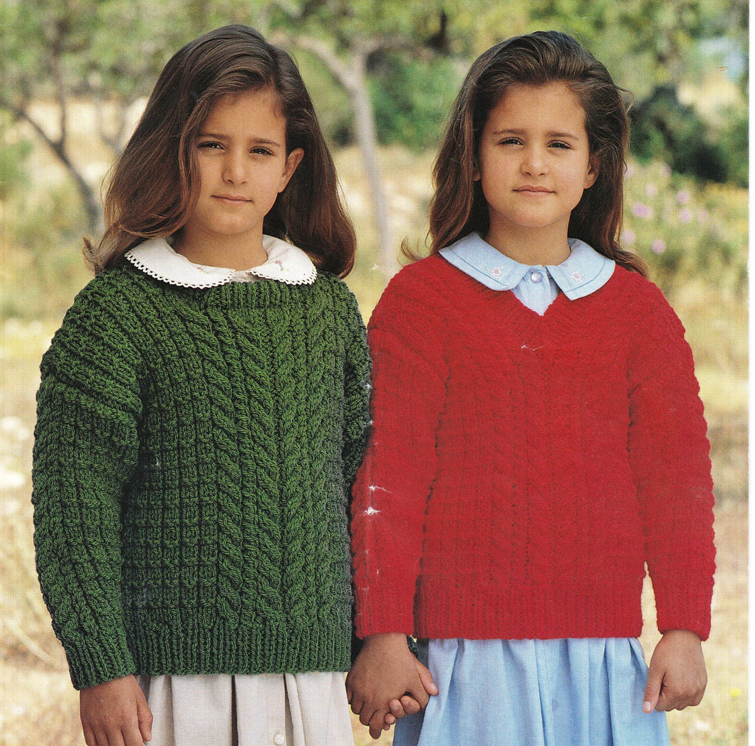 Girls Chunky Cable winter Sweaters, V neck or Round neck styles, chunky bulky 12 ply wool- knitting pattern download PDF
