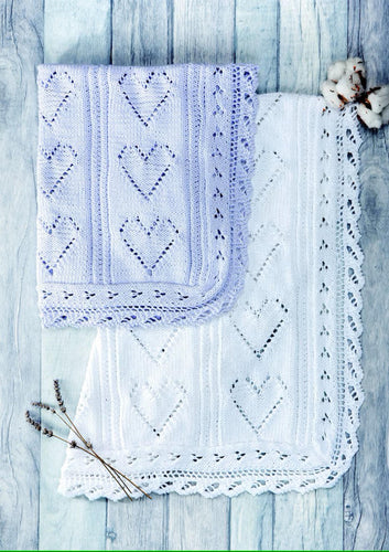 Baby Shawl with Eyelet Heart Pattern & Lace Edge- Knitted in DK Cotton -8 ply - Light worsted Knitting Pattern PDF download -Size  22