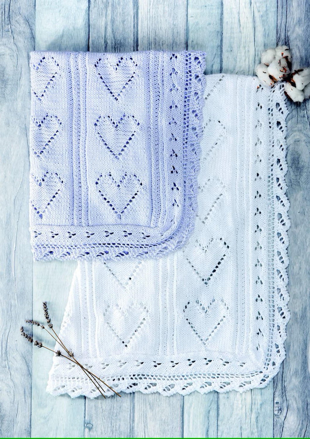 Baby Shawl with Eyelet Heart Pattern & Lace Edge- Knitted in DK Cotton -8 ply - Light worsted Knitting Pattern PDF download -Size  22
