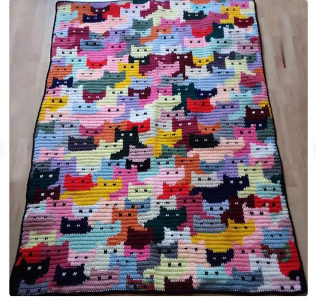 Vintage Crochet Blanket Afghan Cats Kittens 50