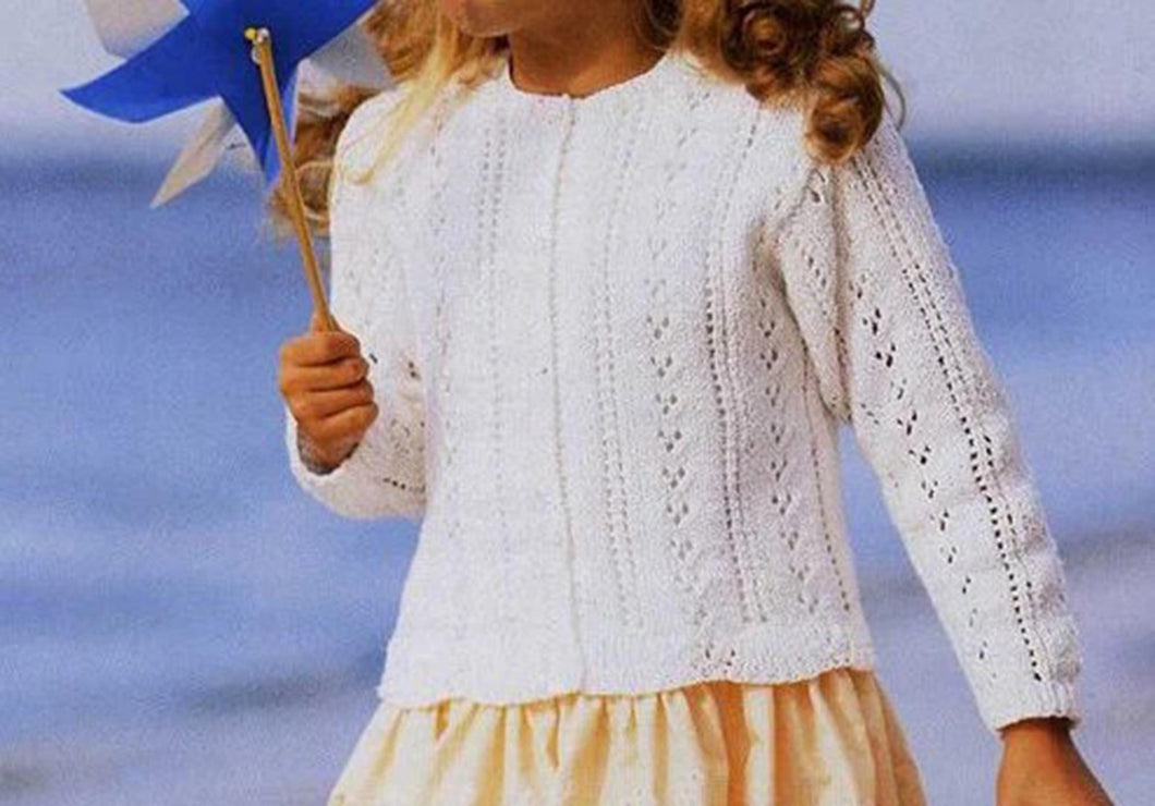 Girl's Cardigan-  Round neck Eyelet lace pattern design - Knitting Pattern -DK 8 Ply cotton Instant Download-21-27 