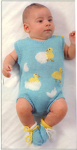 Baby Playsuit Romper embroidered Ducks & Bootees Knitting Pattern -4 Ply wool  Instant Download Knitting pattern Height 68 cm