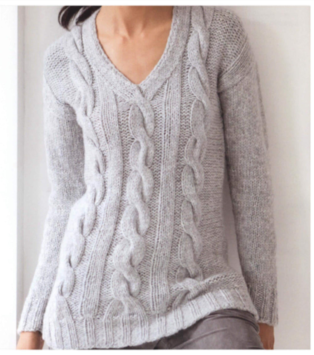 Chunky Cable Knit V-Neck Pullover Pattern (36-42