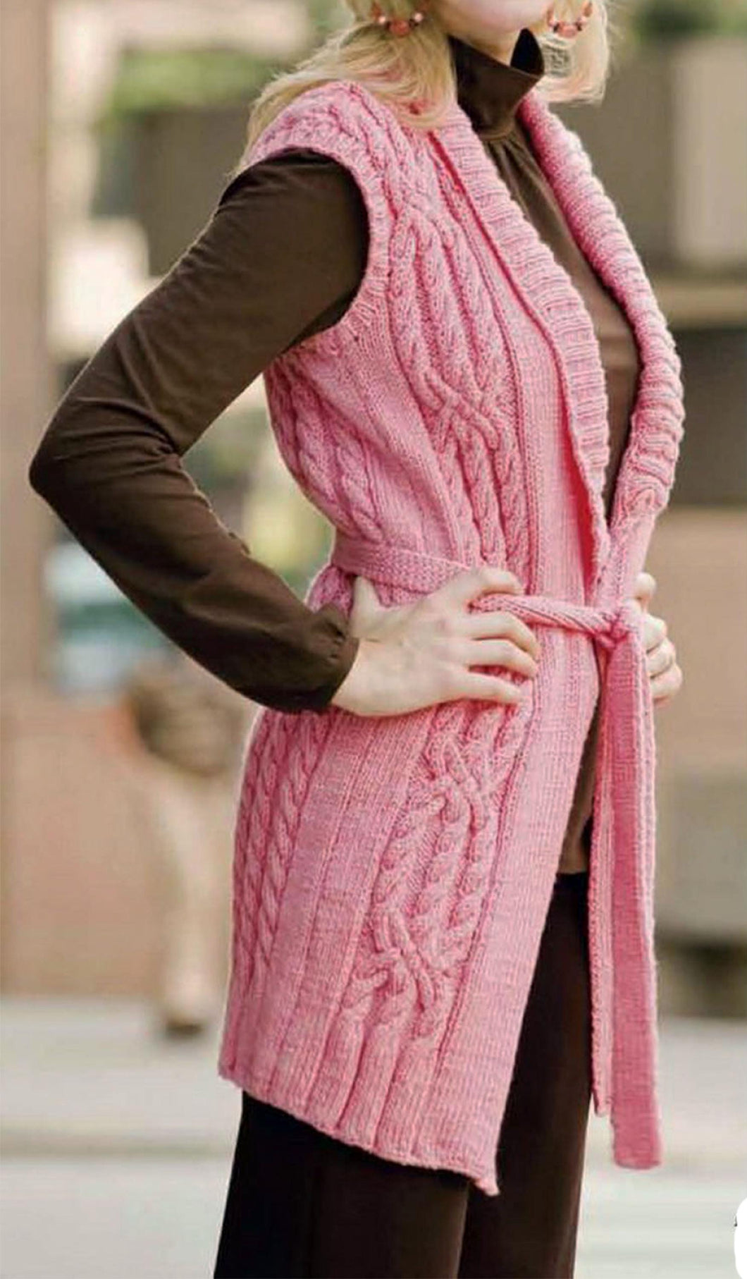 Womens Aran Cable sleeveless Cardigan Coat Jacket -Shawl Collar with Belt-38
