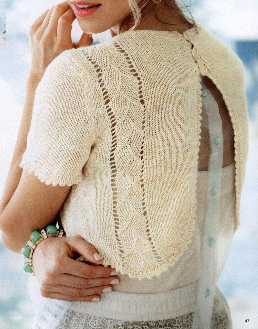 Woman's Eyelet picot edge Crop open back short sleeve- Sweater- Button back- 2 ply yarn - 32