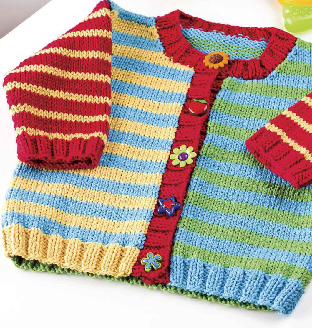 Child's Easy Knit Round Neck stripe Cardigan in Aran 10 ply worsted Yarn- 24 - 30 (2-8)  Download PDF Knitting Pattern-
