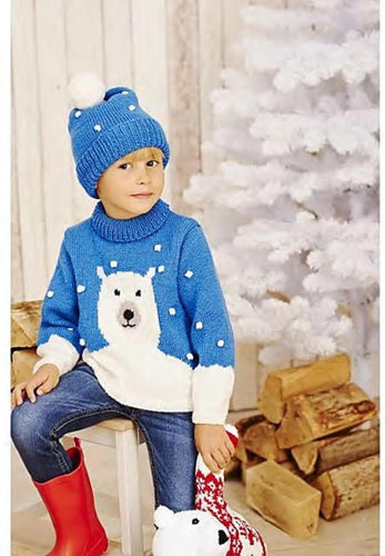 Childs Polar Bear Christmas Sweater & Hat in DK 8 Ply Light worsted wool-fits 2-7 years (25-29