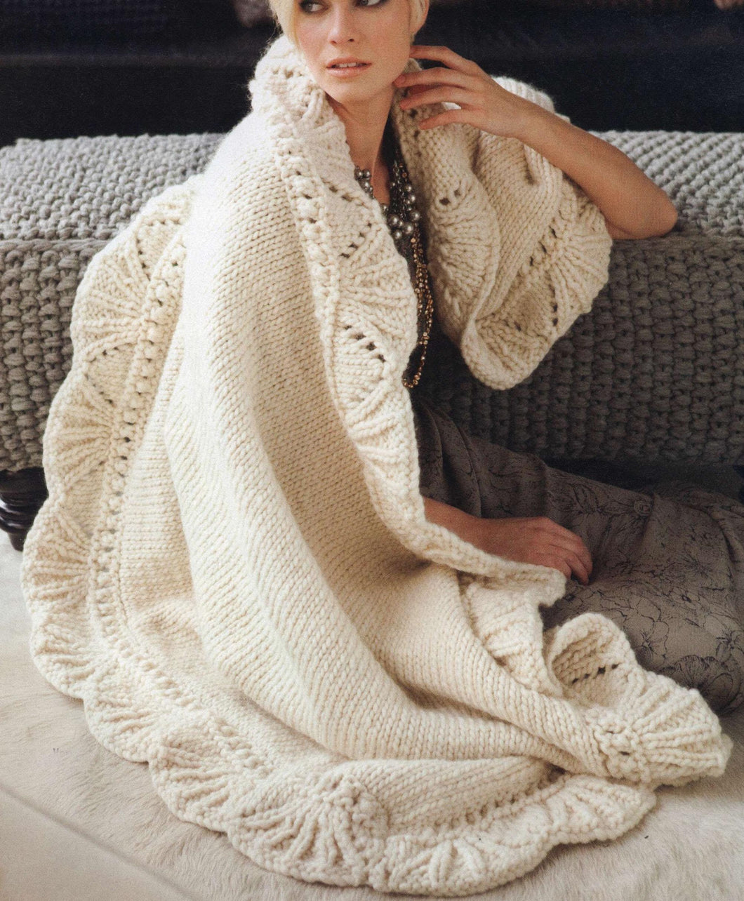 Super Chunky Scallop Edge Blanket-Throw- Afghan pattern- Knitted in Super Chunky- Super Bulky wool-  73 x 43 