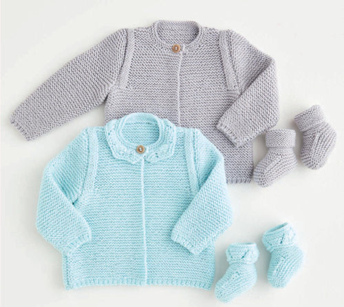Baby Garter stitch -jacket - Ruffle or Plain Neck & Boots- DK 8 ply Light worsted 16 - 22