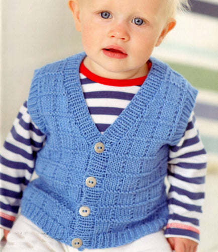 Boy's Knitted Textured V neck Cardigan & Waistcoat- Gilet - Fits from Birth up to 7 years- DK 8 ply  wool-Knitting Pattern Download PDF