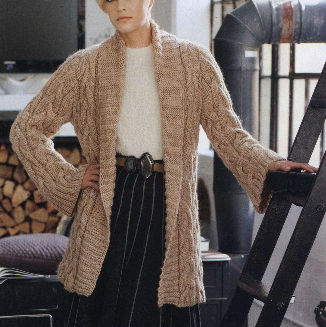 Woman's Cable Knit Chunky- Bulky Edge to edge Coat- Cardigan Shawl collar-loose fit Easy Quick Knit- 35-54