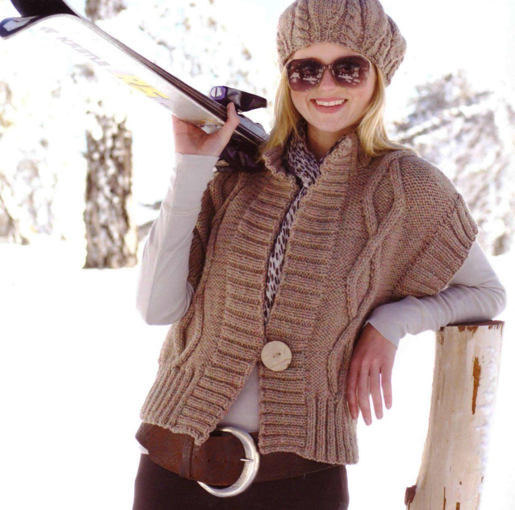 Woman's Girls Childs Cable One Button Gilet-  sleeveless Jacket quick Knit~ Chunky- Bulky 12 Ply  yarn 24-42