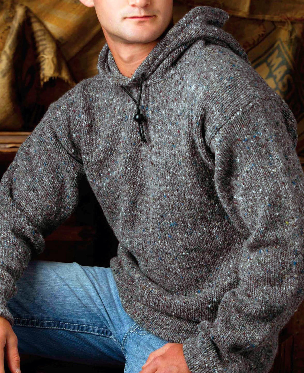 Man's  Easy Plain Knit Hooded Sweater- Jumper in Aran -Worsted 10 Ply Yarn- Chest 40