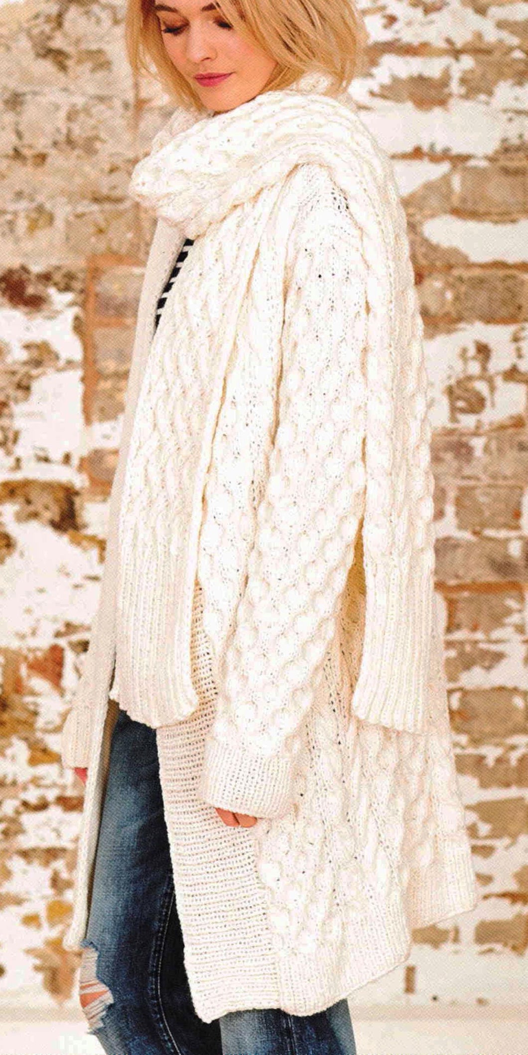 Woman's Chunky edge to edge Cable coat- Jacket  & Scarf in Chunky Bulky 12 ply Yarn- 30