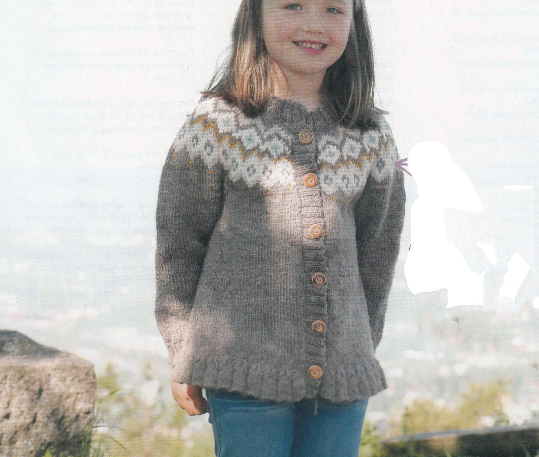 Girls Yoked Fair Isle, Cardigan- Peplum Hem - DK 8ply Light worsted- Knitting Pattern - chest 22-30