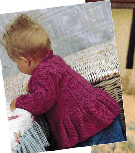 Childs V neck Cardigan with collar- Leaf Cable Pattern frilled border- DK 8ply Light worsted- 16