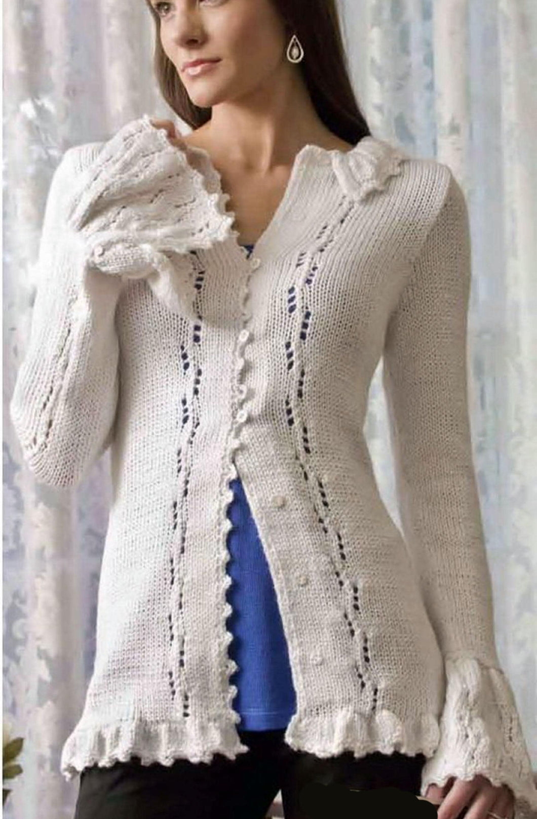 Woman's Eyelet Frilly Lace  Cardigan with collar--Worsted weight 10 Ply Aran yarn  -PDF Knitting Pattern - Fits bust 33-53 inches Download