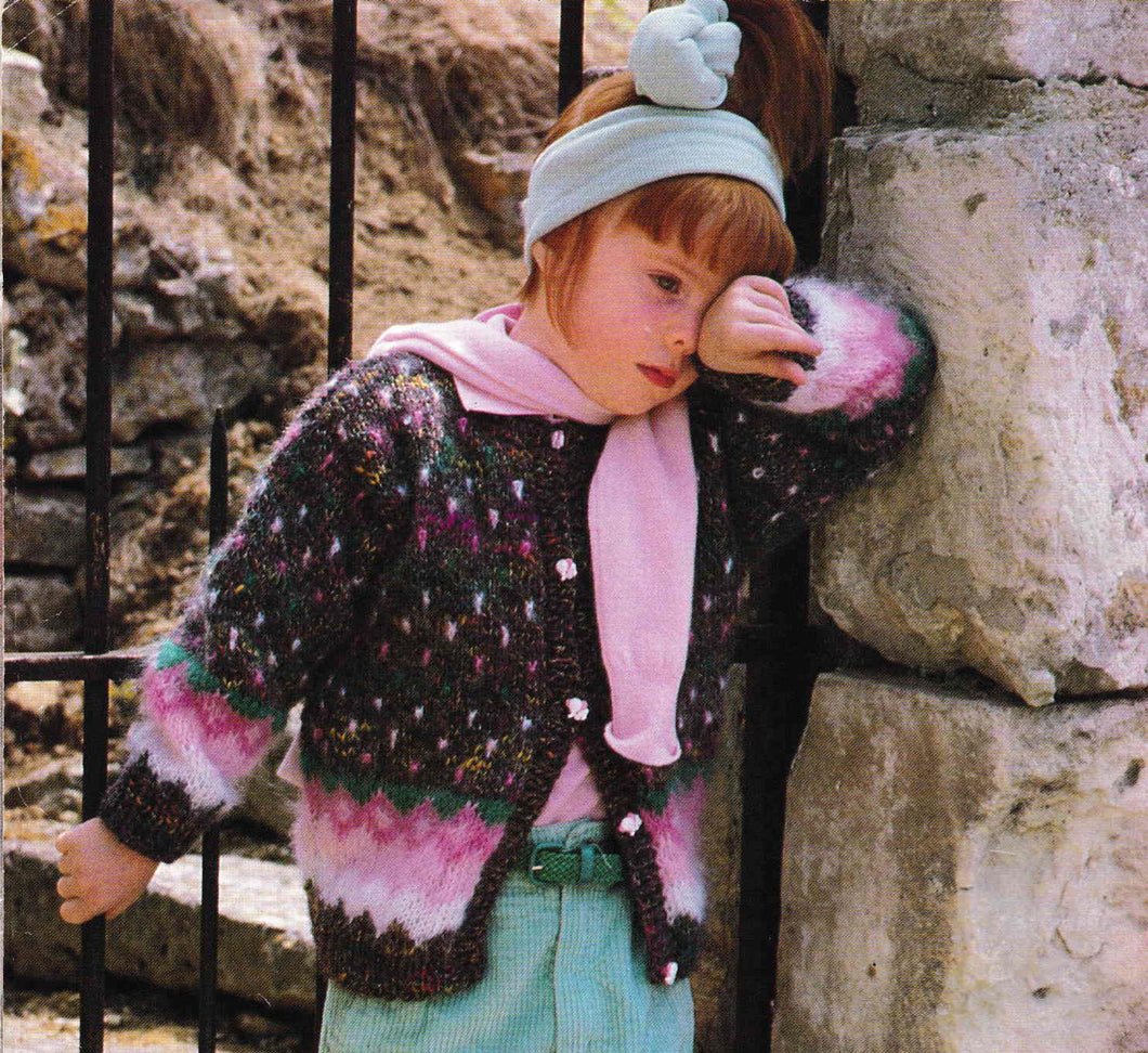 Girl's Chunky Mohair fair Isle style Jacket-Cardigan- round neck Chunky Bulky 12 play yarn Download PDF Knitting Pattern - Fits 4-12 years