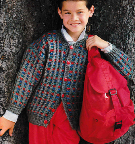 Boys Chunky Textured Multi colored Cardigan round neck drop Sleeve Boys Girl - fits 4- 12 years Chunky 12 Ply Knitting Pattern PDF download