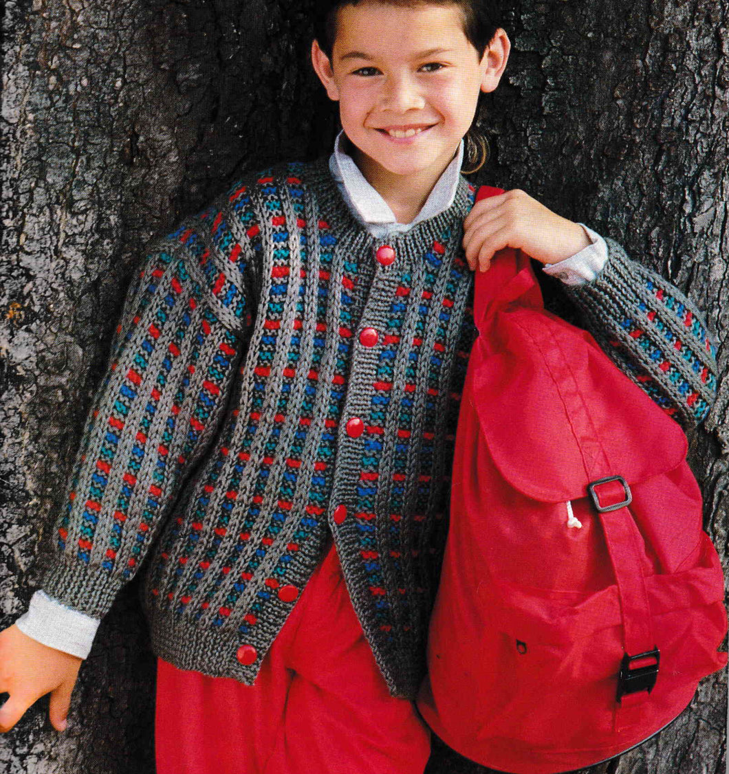 Boys Chunky Textured Multi colored Cardigan round neck drop Sleeve Boys Girl - fits 4- 12 years Chunky 12 Ply Knitting Pattern PDF download
