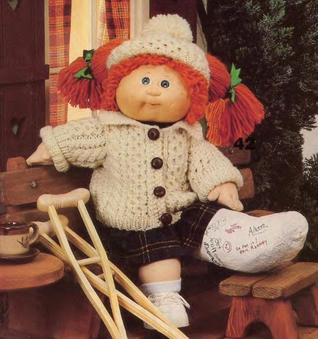 Vintage Cabbage Patch Kids Clothing, 3 outfits to knit- Aran cardigan-hat, ski outfit- scottish outfit- knitting pattern download PDF