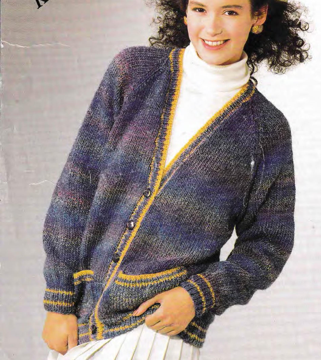Easy Plain Womens V  Neck  Raglan cardigan with Pockets rib stitch border  30