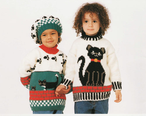 Child's Cat Sweaters- Jumpers- & Beret  suits Boy- Girl- Knitting Pattern - DK Light Worsted (8 ply) Download PDF Fits -55.5 - 65cm Chest
