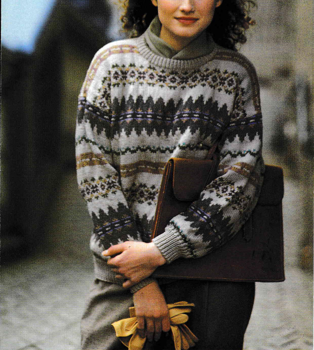Classic Fair Isle Norwegian Sweater Traditional Round Neck Drop Sleeve, Bust 32-42