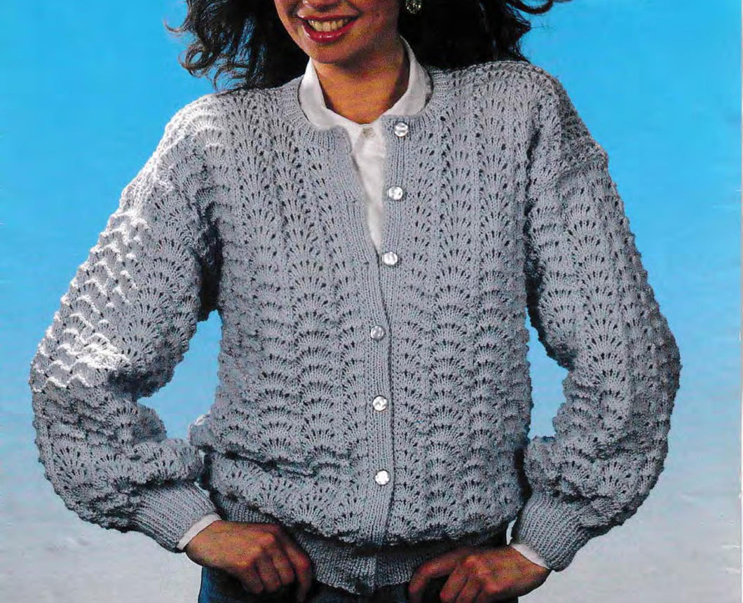Woman's Scallop Lace Cardigan - round Neck with drop sleeves- DK (8PLY) 30 - 40