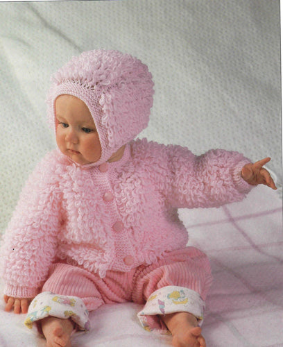 Baby Easy Loopy Cardigan-Hooded Jacket~ Cardigan & Hat 2 to knit in DK 8Ply Light Worsted  Download PDF Knitting pattern