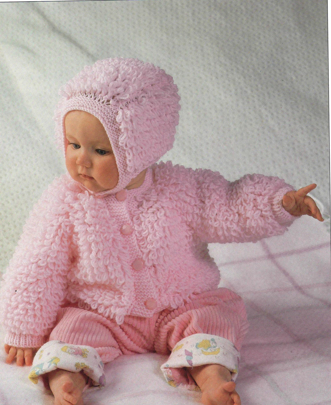 Baby Easy Loopy Cardigan-Hooded Jacket~ Cardigan & Hat 2 to knit in DK 8Ply Light Worsted  Download PDF Knitting pattern