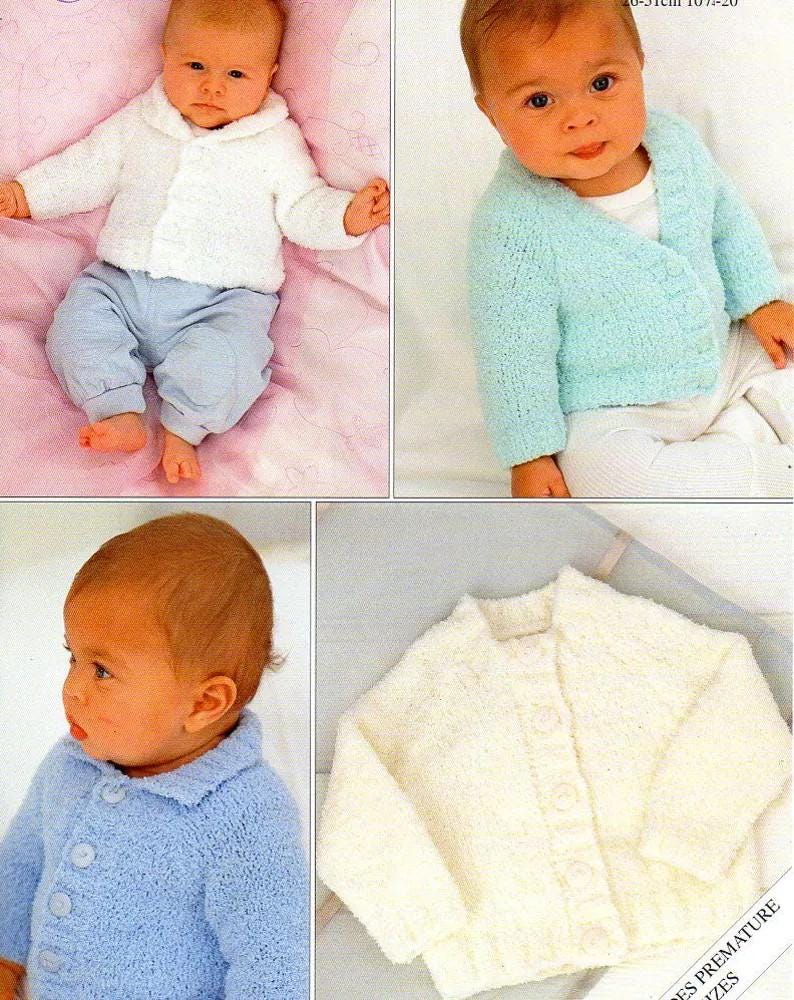 Baby Easy Cardigans- - 4 styles to Knit in Snuggly Snowflake DK- Chenille wool- sizes 10 