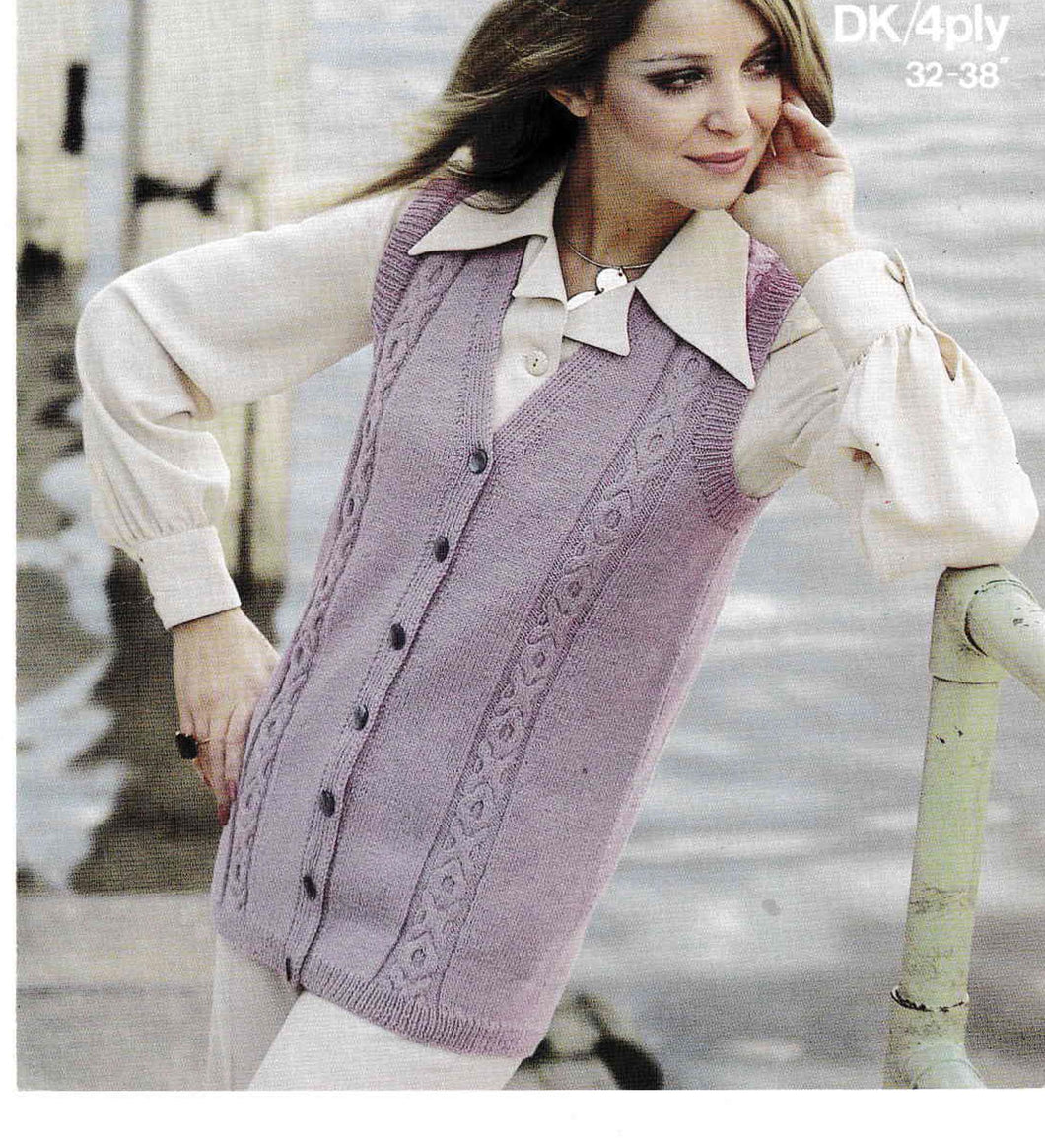 Womens V Neck Sleeveless Cable Jacket- 2 lengths to knit 32
