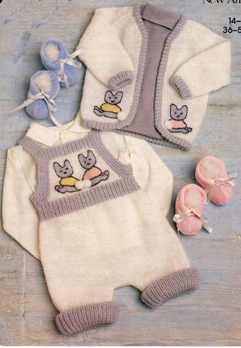 Baby Dungarees Novelty & Cardigan pattern in DK wool-  Prem- 14