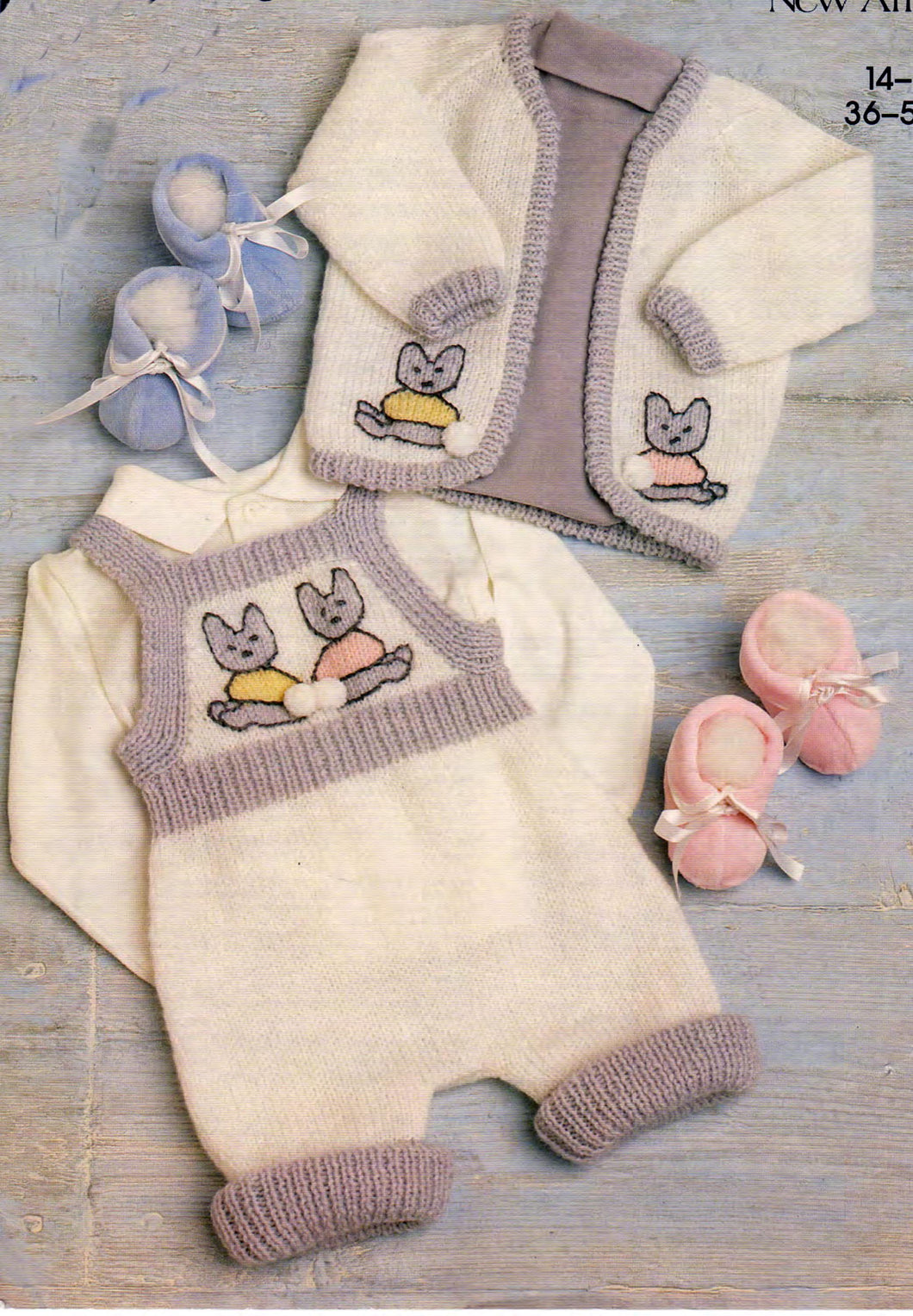 Baby Dungarees Novelty & Cardigan pattern in DK wool-  Prem- 14