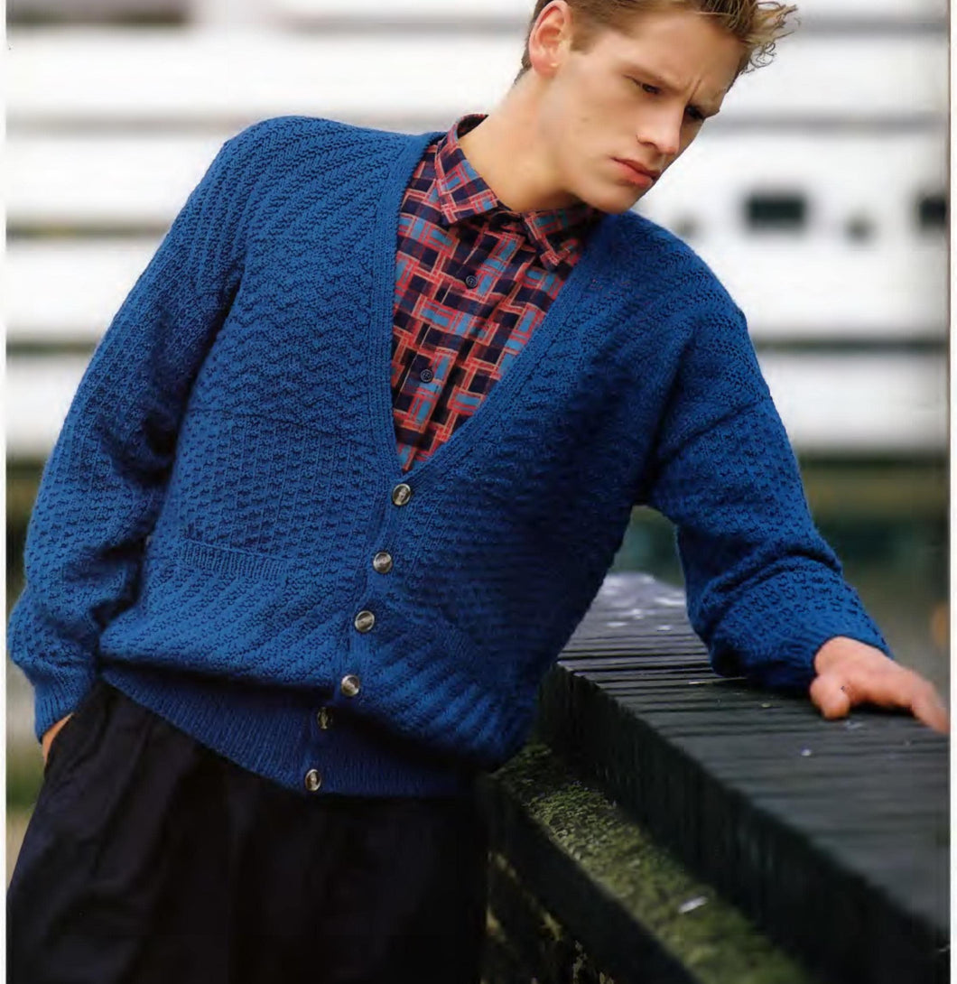 Mans V Neck* Textured Cardigan with pockets* Knitted in DK*8 Ply and fits chest 85 cm up to 105 cm* Knitting pattern *Download PDF