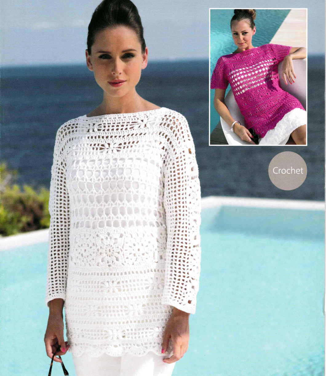 Woman's Lacy Crochet-Top- Sweater - Long and Short sleeves- DK 8 Ply Cotton Yarn- fits bust 32-42