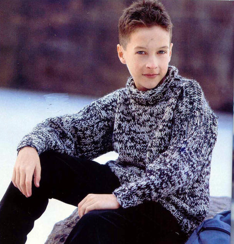 Boy's Easy Oversized Turtle Neck roll neck sweater- Knitting Pattern - DK 8 PLY light worsted yarn- doubled PDF Download-35-38