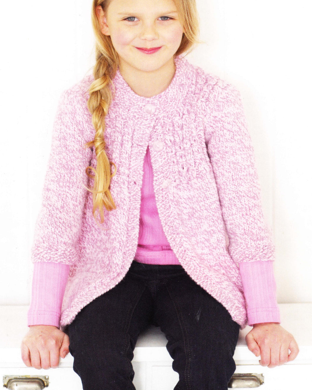 Girl's 3/4 sleeve Cardigan Round Neck cable yoke pattern, quick easy knit, aran 10 ply worsted wool 22