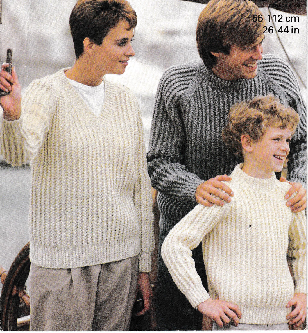 Family-Man-woman's child's twisted rib V neck & round Neck Raglan sweaters knitting patterns- Aran 10 ply worsted yarn, 26