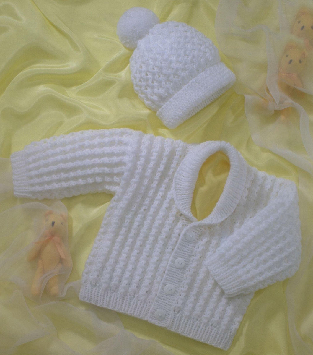 Baby Textured Shawl Collar Cardigan & Hat Cable twist pattern - Premi 12