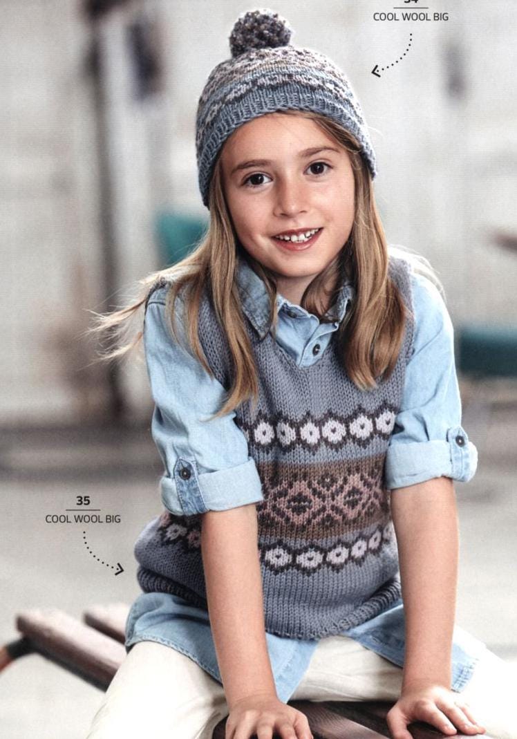 Girls  Boys Easy fair isle border V Neck Slipover Tank Top & Hat- Knitting pattern- Aran 10 ply Worsted -chest 116-140cm Download PDF