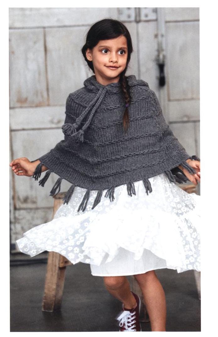 Girl's Easy Hooded Fringed Poncho- Ridge stitch  design- Chunky Bulky 12 ply yarn -104cm -134cm chest Knitting Pattern Download PDF