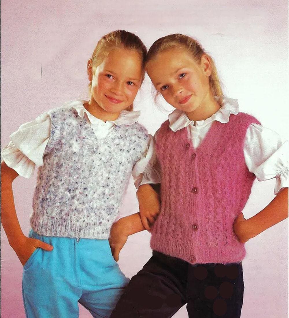Girl's V Neck Slipover & Button Front Waistcoat - Tank top- Aran 10ply Worsted yarn - fits 22 - 30