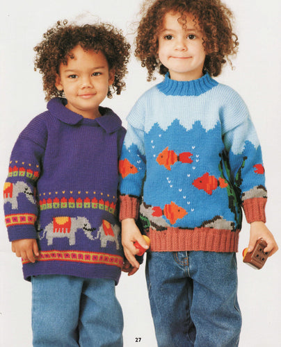 Boys Girl's Elephant-Circus & fish sweaters- round neck or collar-DK 8 PLY light worsted Yarn- chest 21