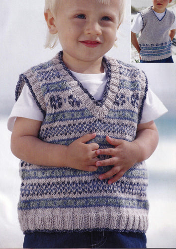 Boys fair isle V Neck Slipover Tank Top- 2 styles  in DK 8 Ply Wool -chest 20