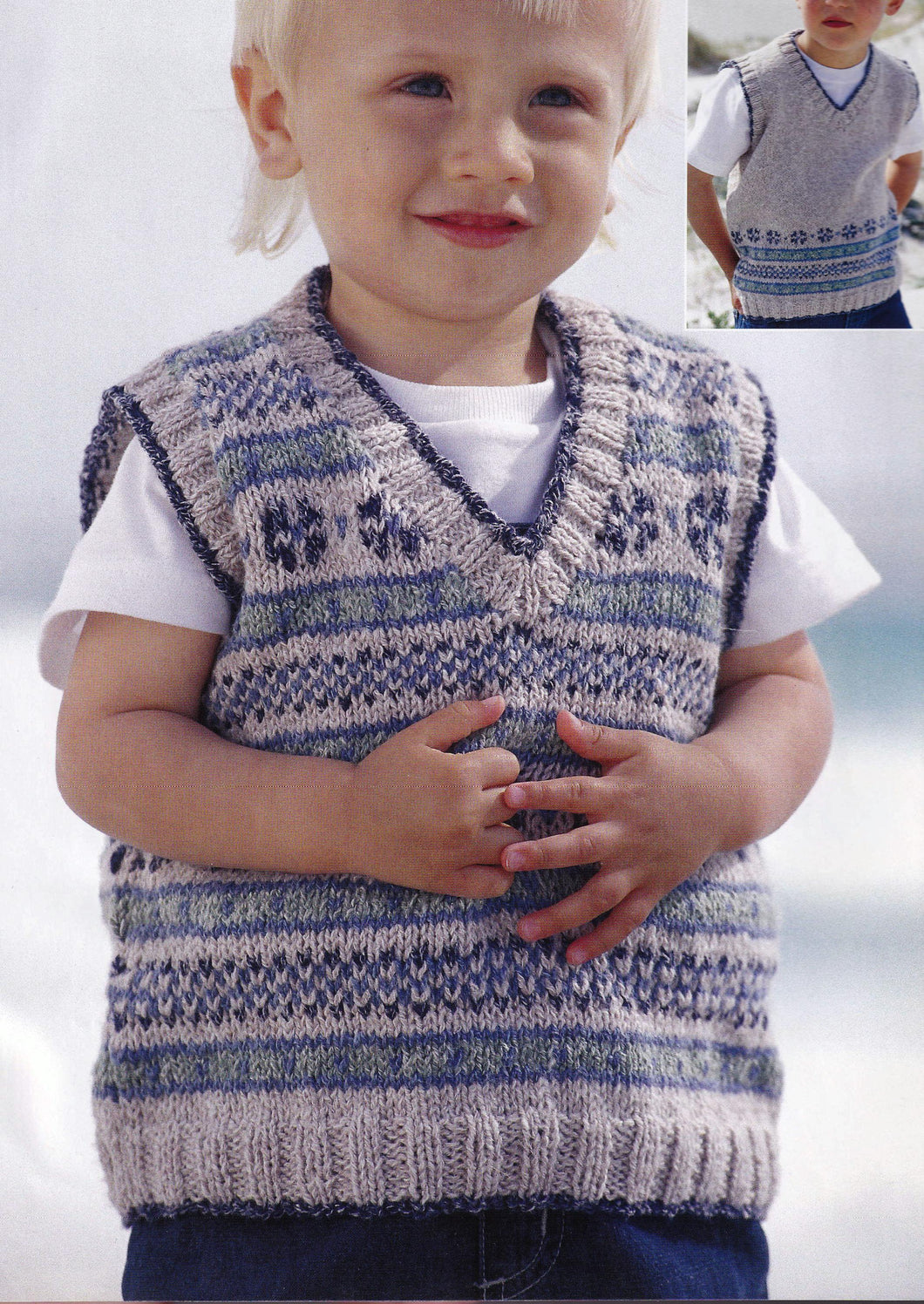 Boys fair isle V Neck Slipover Tank Top- 2 styles  in DK 8 Ply Wool -chest 20